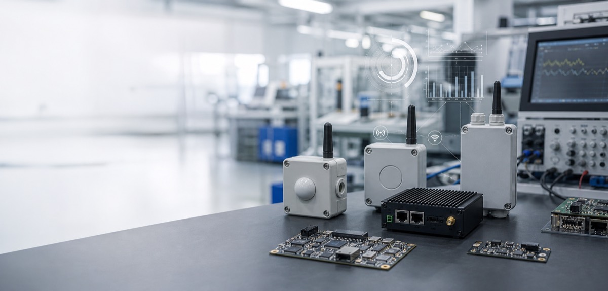 Industrial IoT hardware on a lab bench